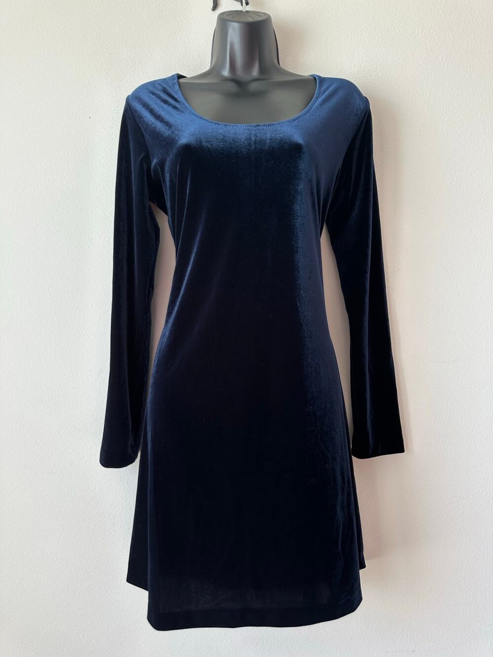 Vintage 90s Navy Blue Velvet Mini Dress Long Sleeve Stretch Minimalist L